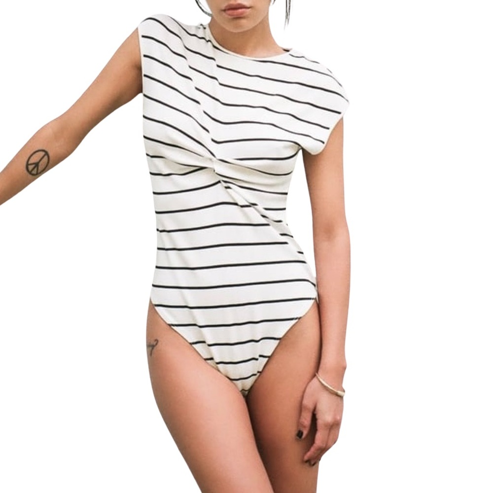 Zara Knotted Body Suit White Black Striped Large